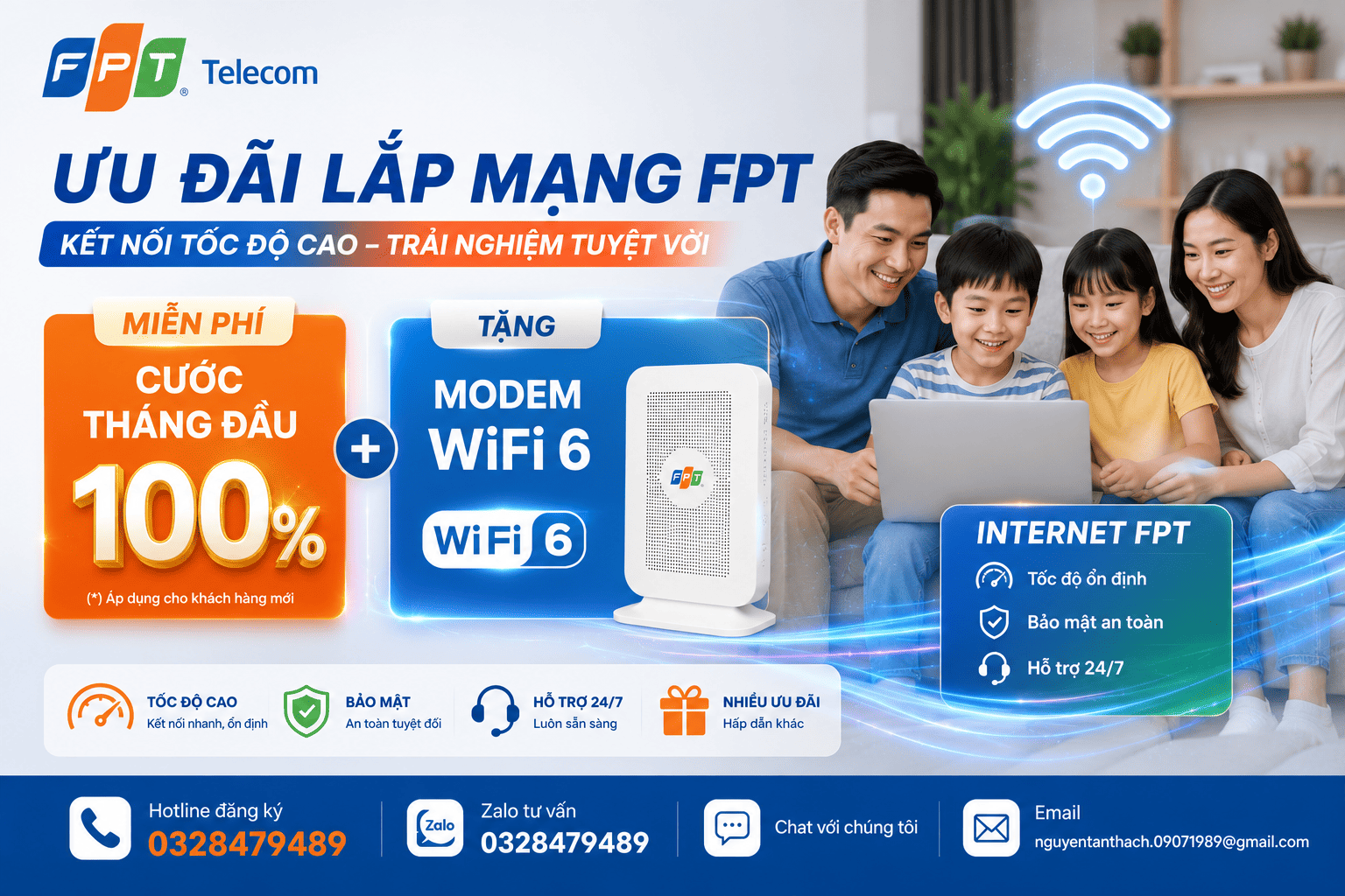 Ưu đãi lắp mạng FPT: miễn phí cước tháng đầu và tặng modem WiFi 6